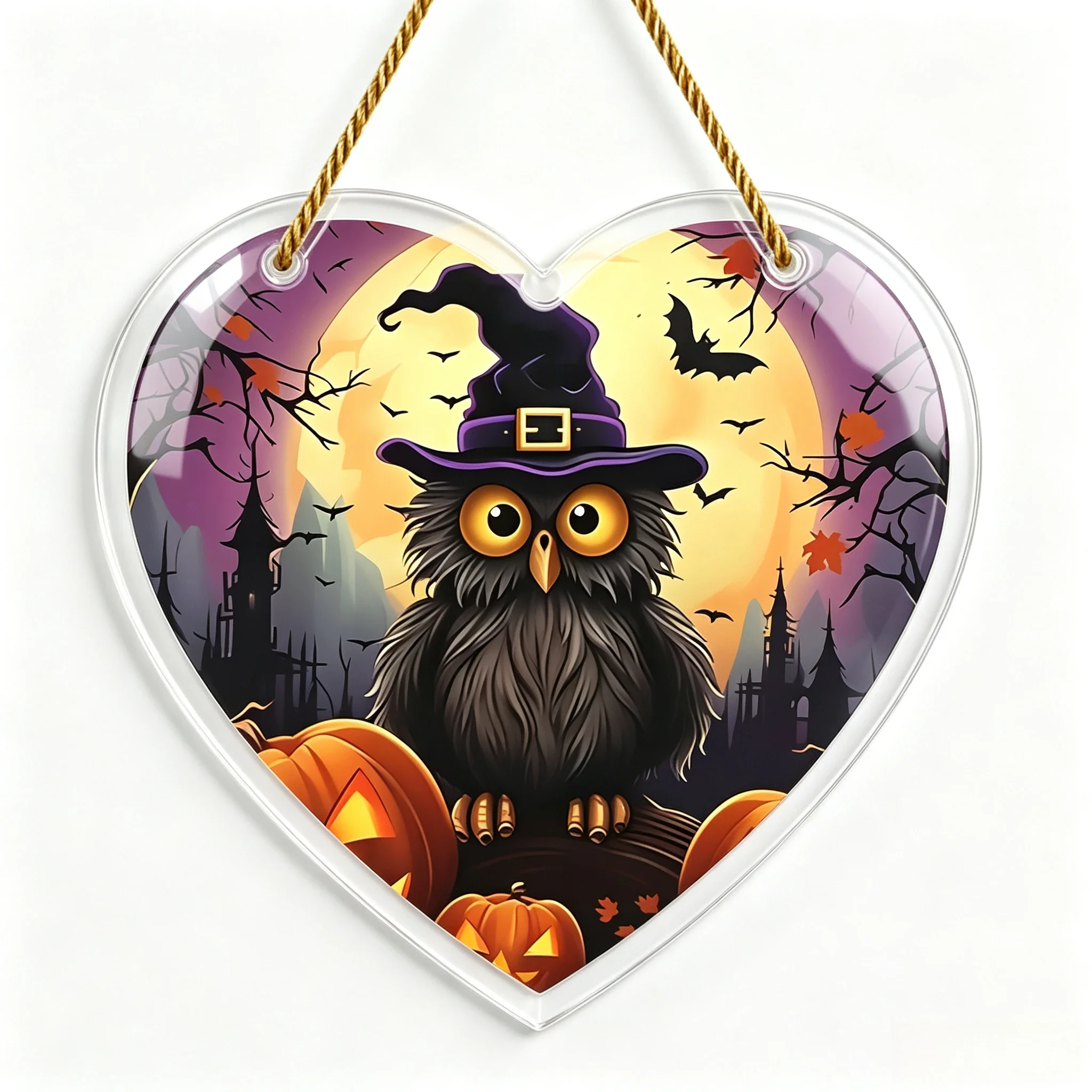 Witch Owl Heart‑Shaped Acrylic Hanging Sign, Full Moon Halloween Door Wall Decor