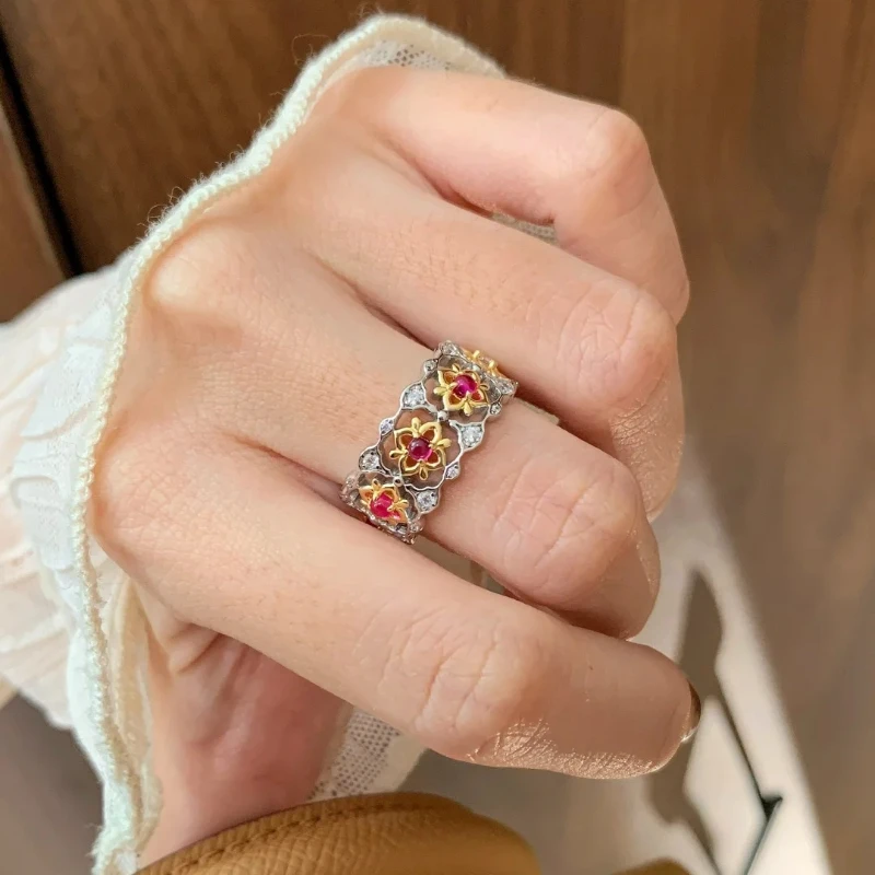 Italian Style Hollow Design Flower-shaped Opening Ring -  Silver Wide Version Shining Morganite and Diamond Ladies' Ring