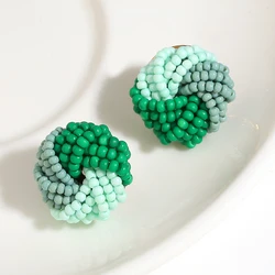 AENSOA Bohemian Cream Tricolor Seed Bead Stud Earrings for Women Handmade Beaded Braided Knot Earring Lightweight Jewelry 2023