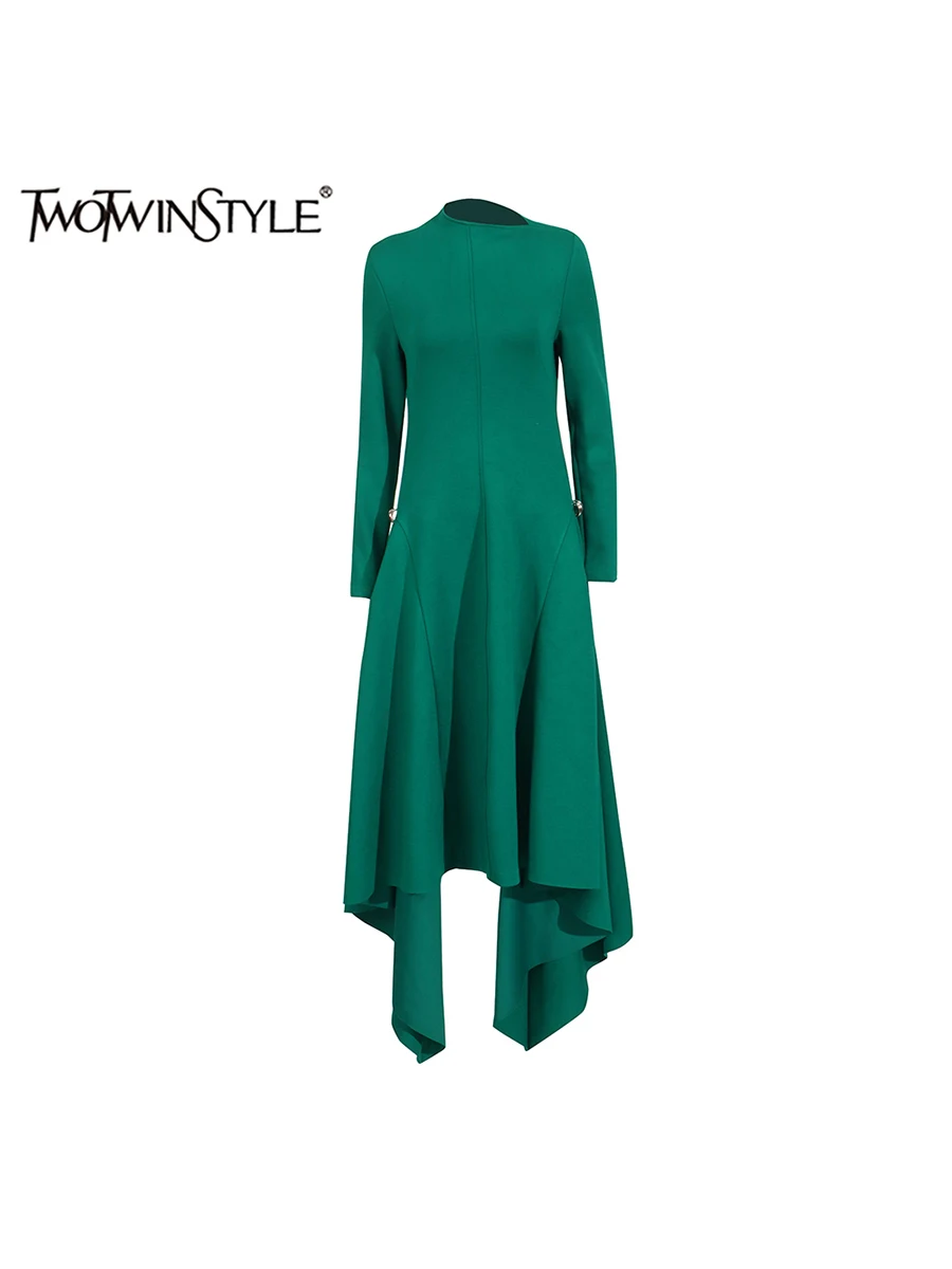 TWOTWINSTYLE Solid Spliced Loose Dresses For Women O Neck Long Sleeve High Waist Temperament Long Dress Female Fashion Style New