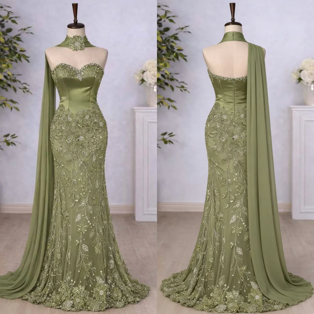 

Princess Crystals Mermaid Prom Dresses Sleeveless 3D Flowers Appliques Evening Gowns Customized Vestidos De Noche