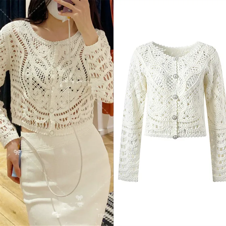 

High-End Parisian Hand-Knitted Lace Hollow out Light Weight Knitwear Ele Long Sve Faionable Summer Cardigan