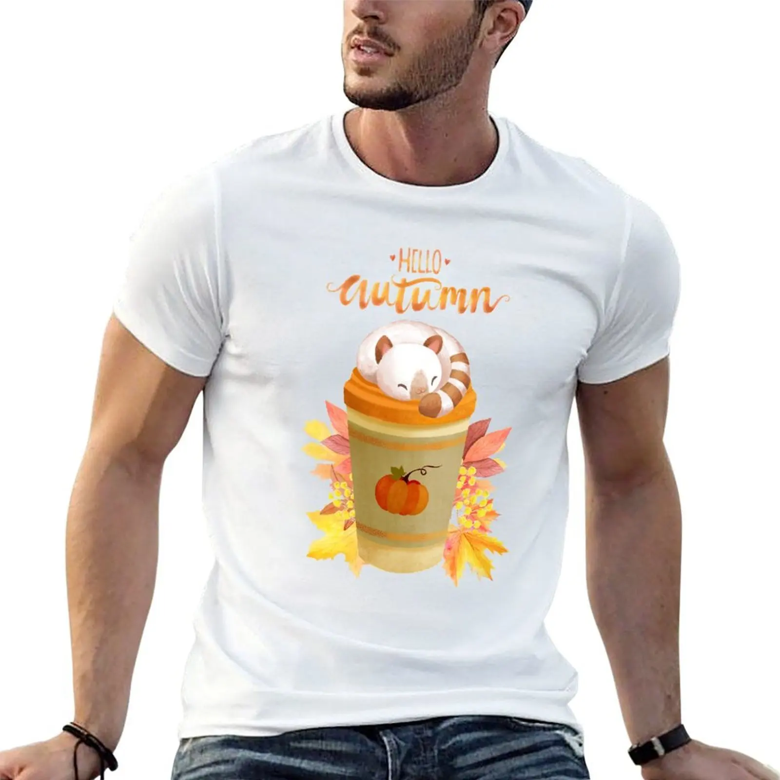 Hello Autumn - Cute Cat On A Coffee Cup T-Shirt t shirts cotton 100% t shirts for man cotton funny funny t shirts man T-shirt