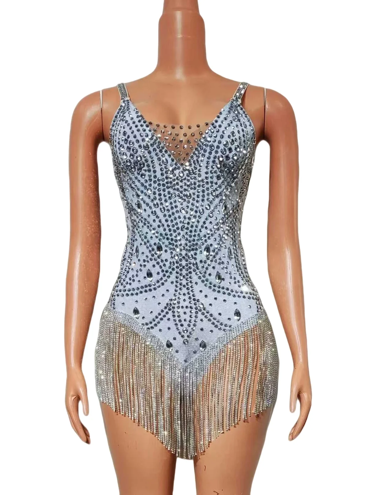 Sparkly Rhinestone Fringe Bodysuits For Women Sleeveless Backless Sexy Nightclub Birthday Performance Drag Queen Outfit