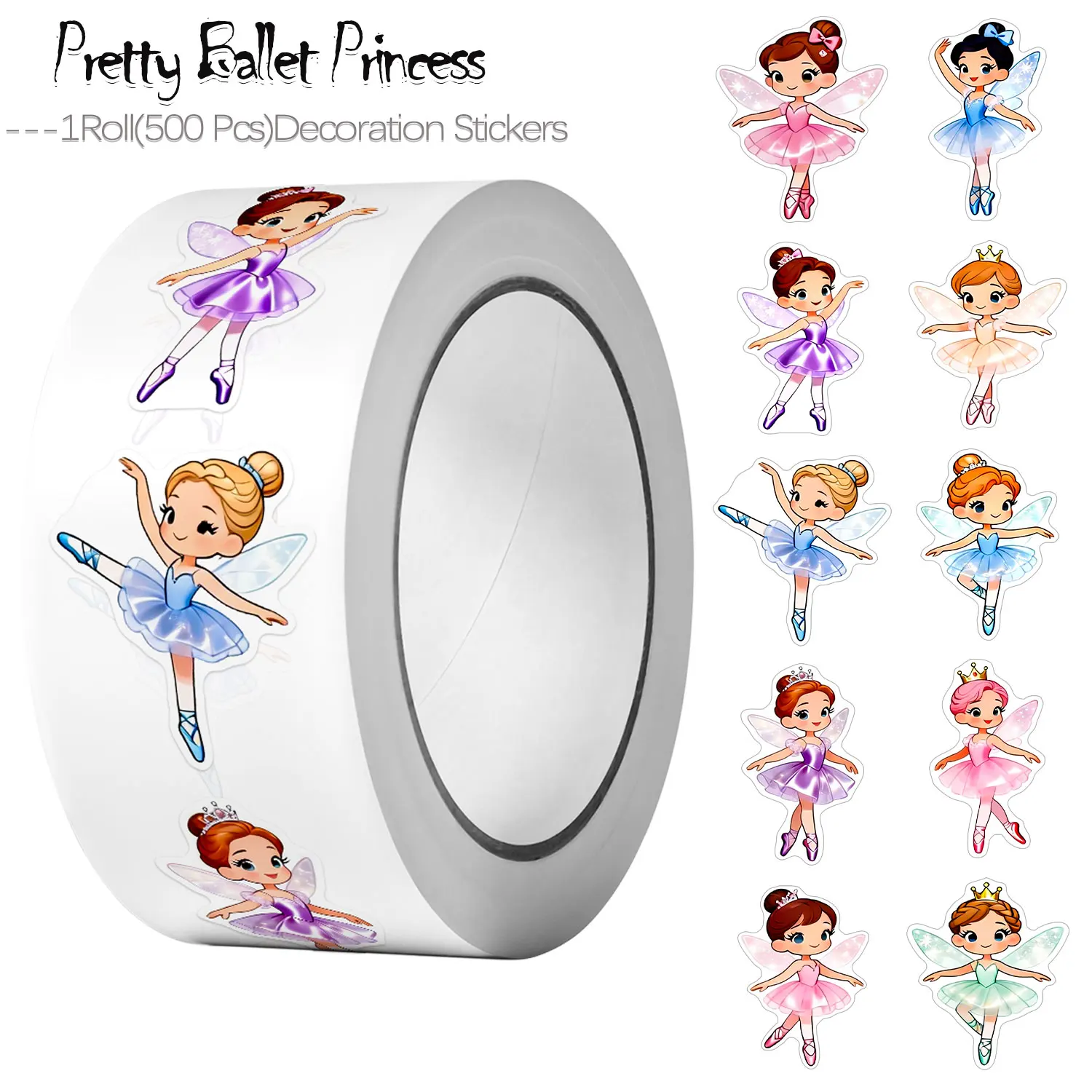 500Pcs Cartoon Pretty Ballet Princess Stickers Roll 2.5cm/1'' 10 Unique Designs Party Favors Art Decals Stationery Labels