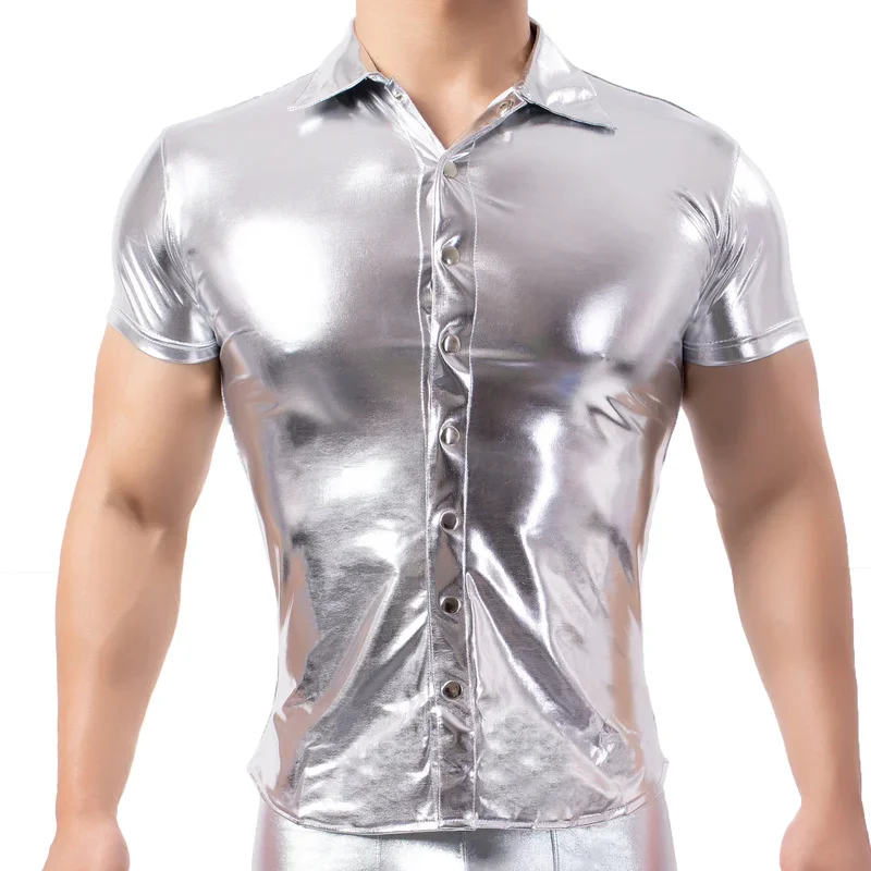 Mens Shirts Short Sleeve Faux Leather T Shirts Sexy Fitness Tops Button Up Latex Stage Tops Tee PU Leather Shirt Dance Clubwear