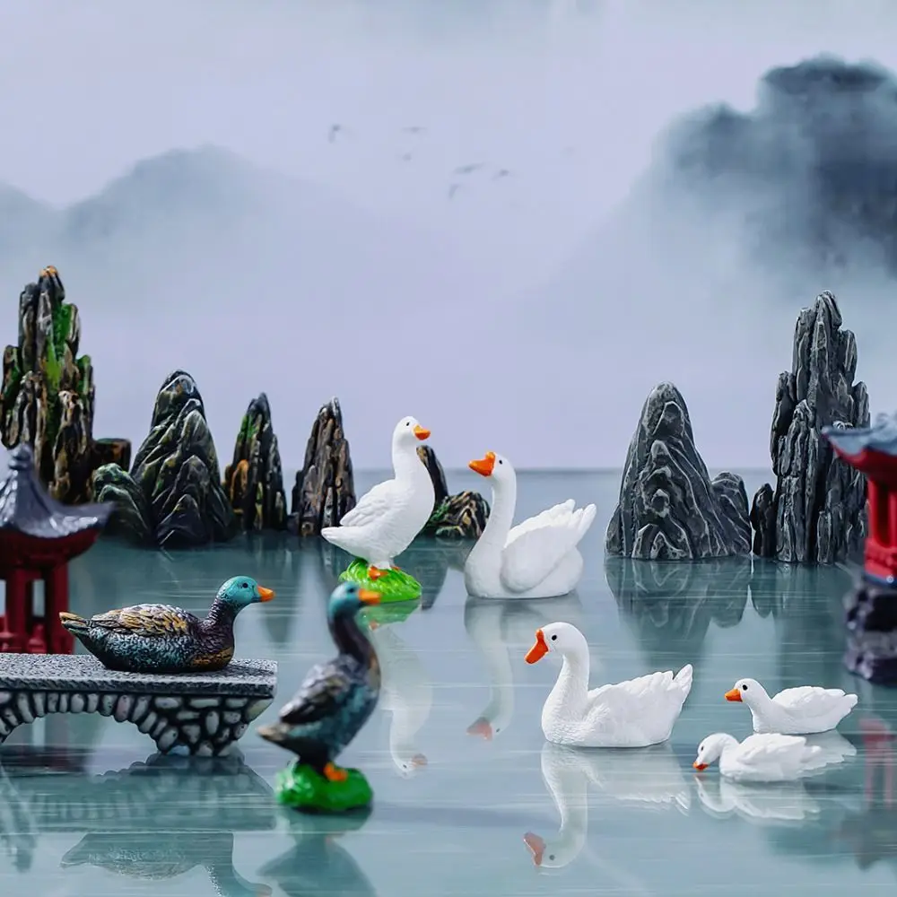 Creative Decorative Rockery Pavilion Bridge Simulation Resin White Duck Statue LIfelike Bridge Sand Stones Figurine Fairy Garden