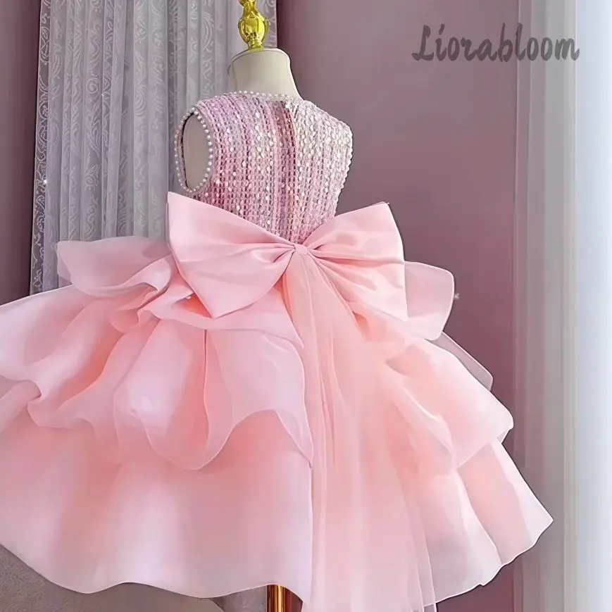 Pink Rhinestone Embellished Flower Girl Dress Short Puffy Formal Party Ball Gown for Little Girls view 4