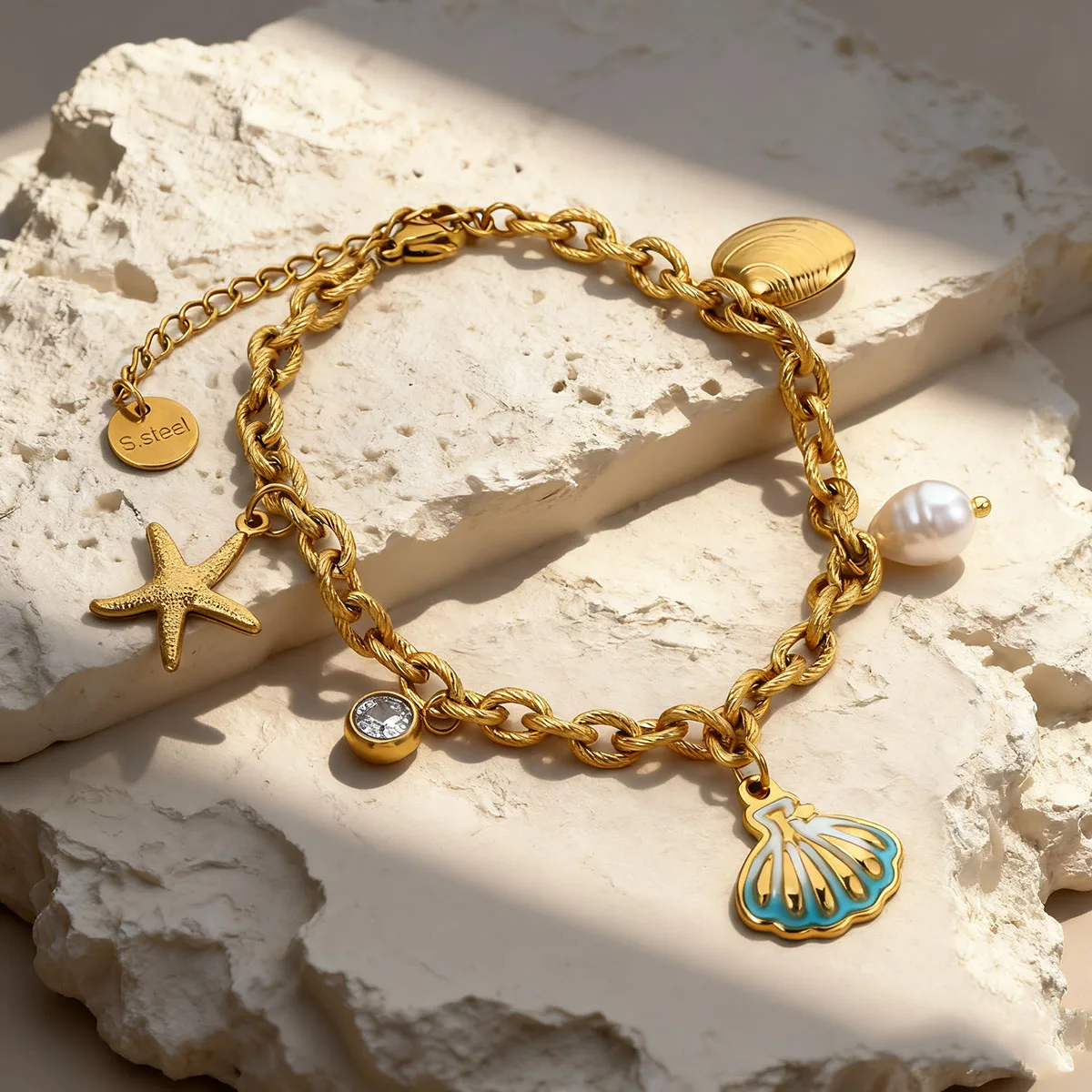 AURORA Ocean Style Enamel Shell Pearl Pendant Bracelets For Women's Daily Charm Hand Bangle Bracelets Stainless Steel Jewelry