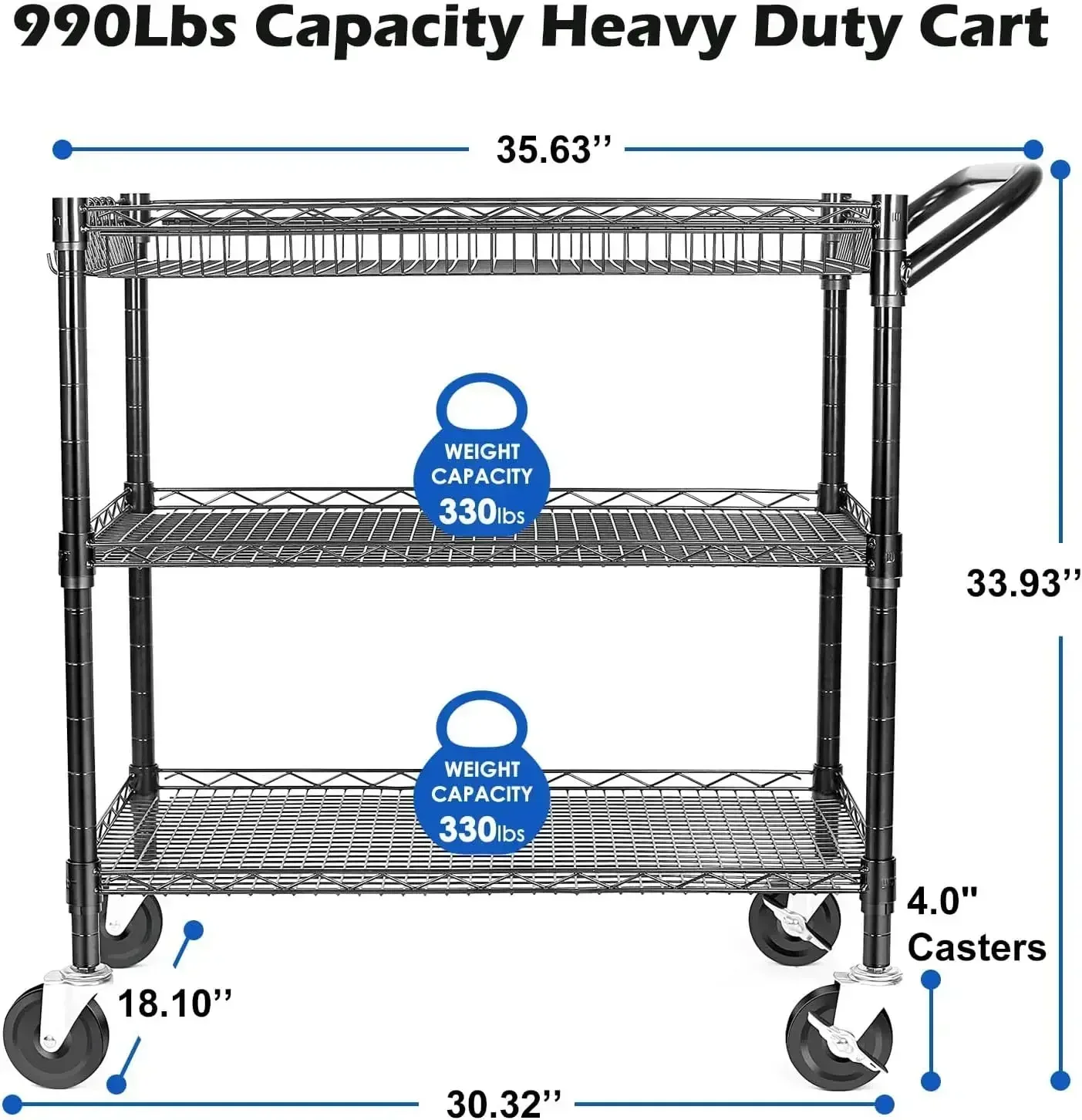 [Free Shipping, New Arrival!]990Lbs Capacity Heavy Duty Rolling Utility Cart, NSF Rolling Carts with Wheels,Commercial Grade Met