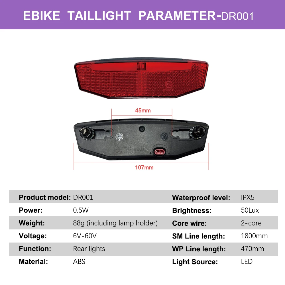 Faro trasero para bicicleta eléctrica, luz de bicicleta eléctrica de 12V-60V, 2 pines SM, enchufe impermeable, accesorios para ciclismo