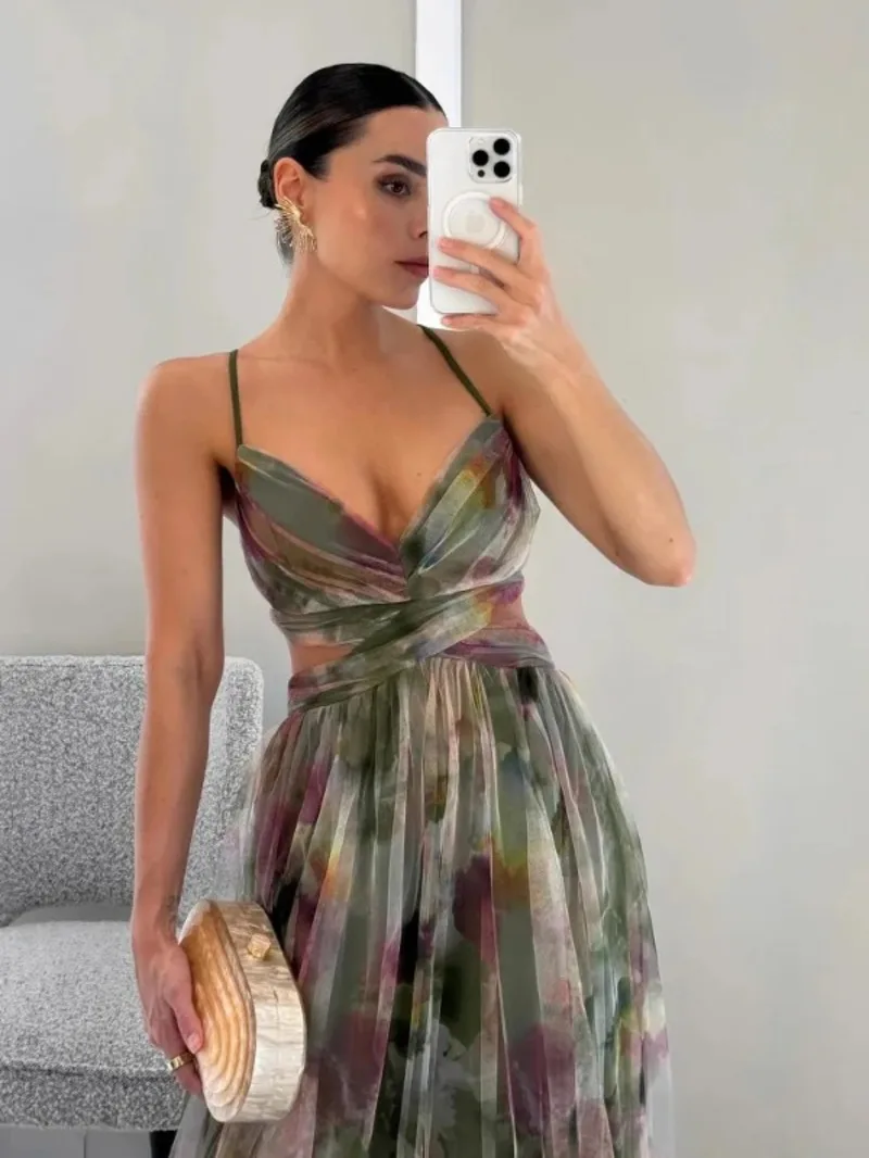 Sexy Hollow Out Party Dress, Women Summer Loungewear Fashion Printing Maxi Dress, Sleeveless Lace-Up Ladies Dress Vestido T64F