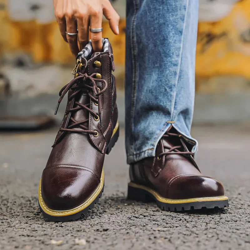 Botas de cuero a la moda para hombre, botas de moto con doble cremallera de Metal, botines Oxford para hombre de negocios, zapatos de otoño e invierno, talla grande 48