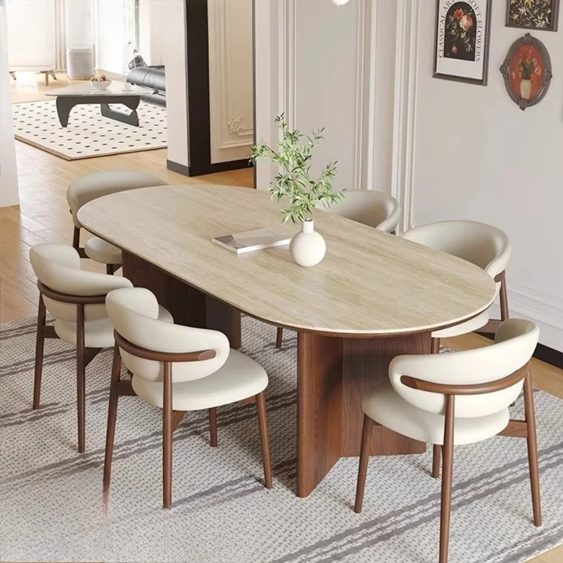 

Wood support board dining table, style modern travertine slate design restaurant