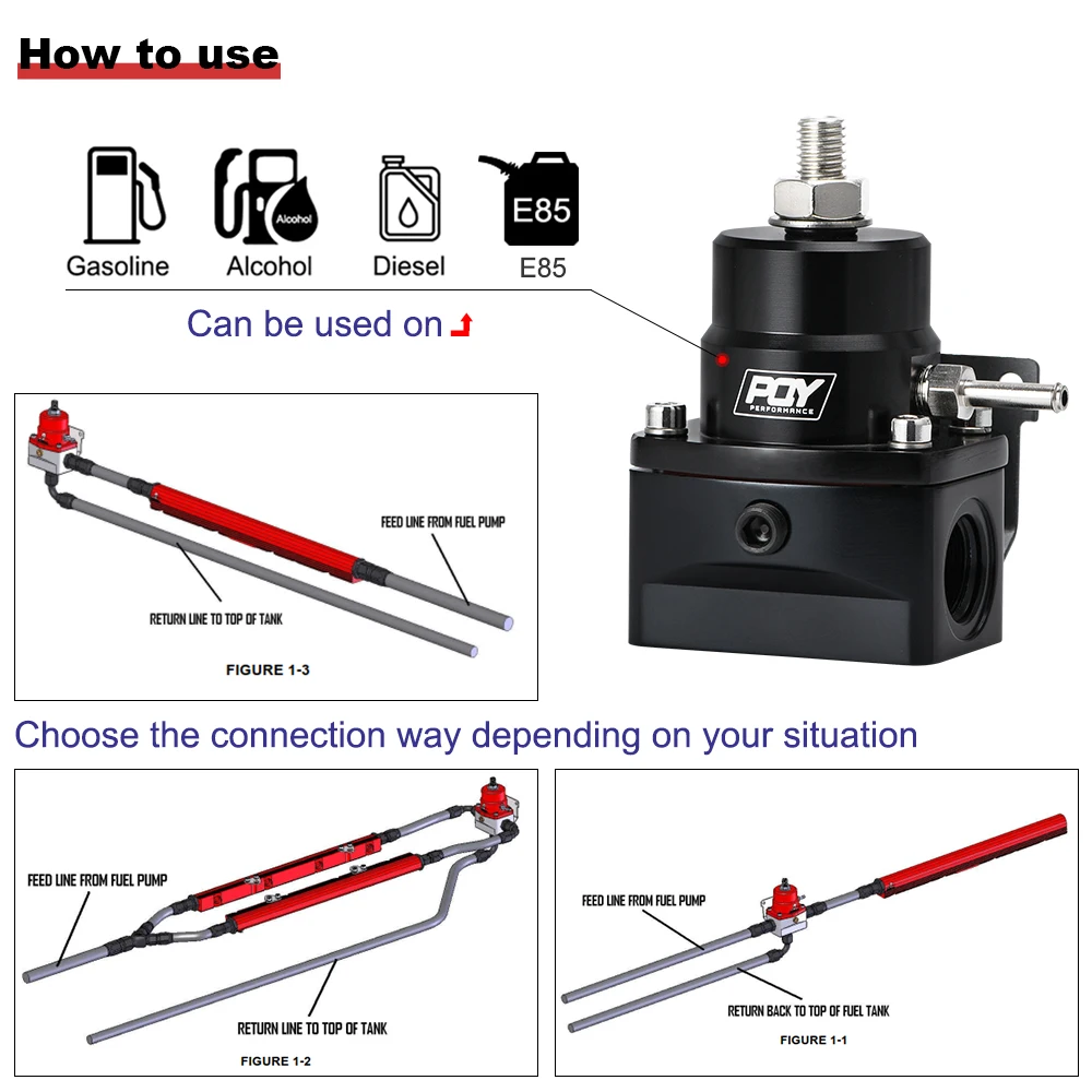 PQY Adjustable Fuel Pressure Regulator with Oil Gauge & AN8 Feed Fitting & AN6 Return Line Fitting & AN8 End Cap