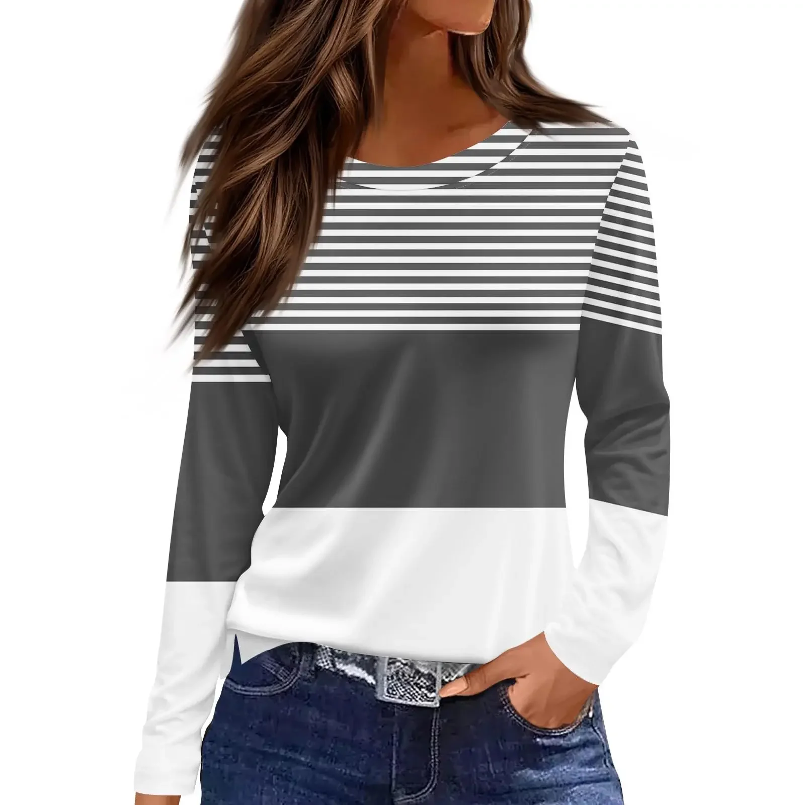 Camiseta holgada informal con estampado de rayas degradadas en 3D para mujer, Top de fin de semana de vacaciones Regular con cuello redondo y manga larga a la moda