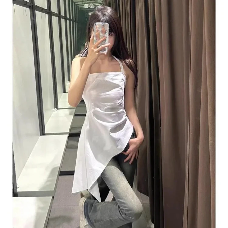 Elegante Mode Wit Halter Hemdje Vest Voor Vrouwen 2025, Zomer Nieuwe All-Match Top Y2k Slim Fit Ruches tops Mujer