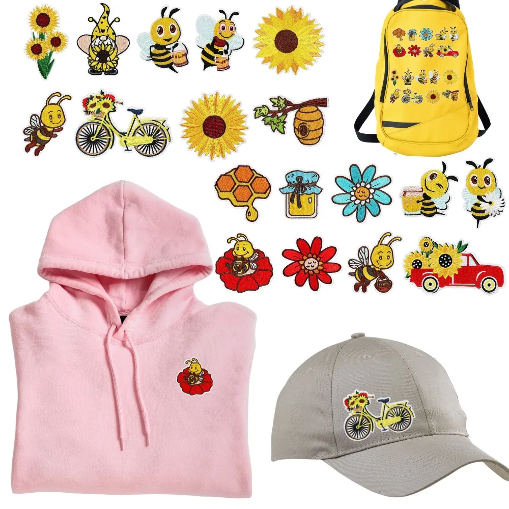 

Sunflower Embroidery Patch Cartoon Bee Paste Bag Decoration Iron on Patches for Clothes Stickers Appliques for Clothing Scp