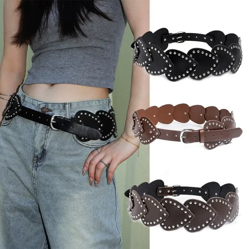 Wide Waist Strap Love Rivet Needle Buckle Belt Heart-shaped Studded Waist Belt PU Leather Splicing Women Dress Jeans Waistband