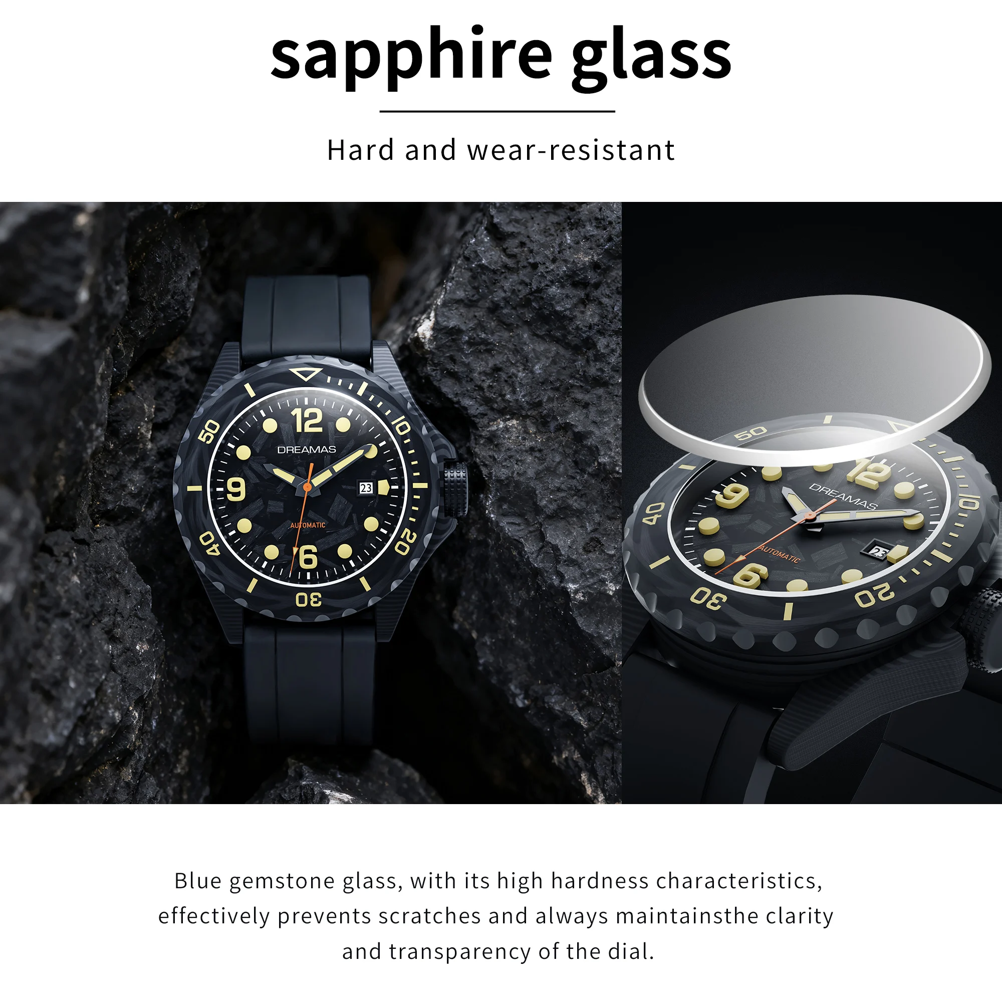 DREAMAS Herren-Taucheruhr aus Kohlefaser, automatische mechanische Taucheruhr, 500 m wasserdicht, Schweizer 3D-Leucht-Sport-Armbanduhr – Detail 9