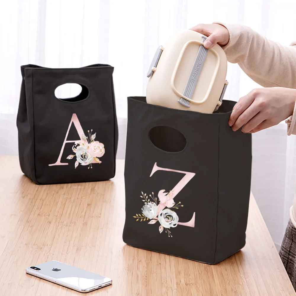 

Portable Lunch Bag Thermal Insulated Pink 26 Flower Letter Print Tote Cooler Handbag Bento Pouch Container Food Storage Bags