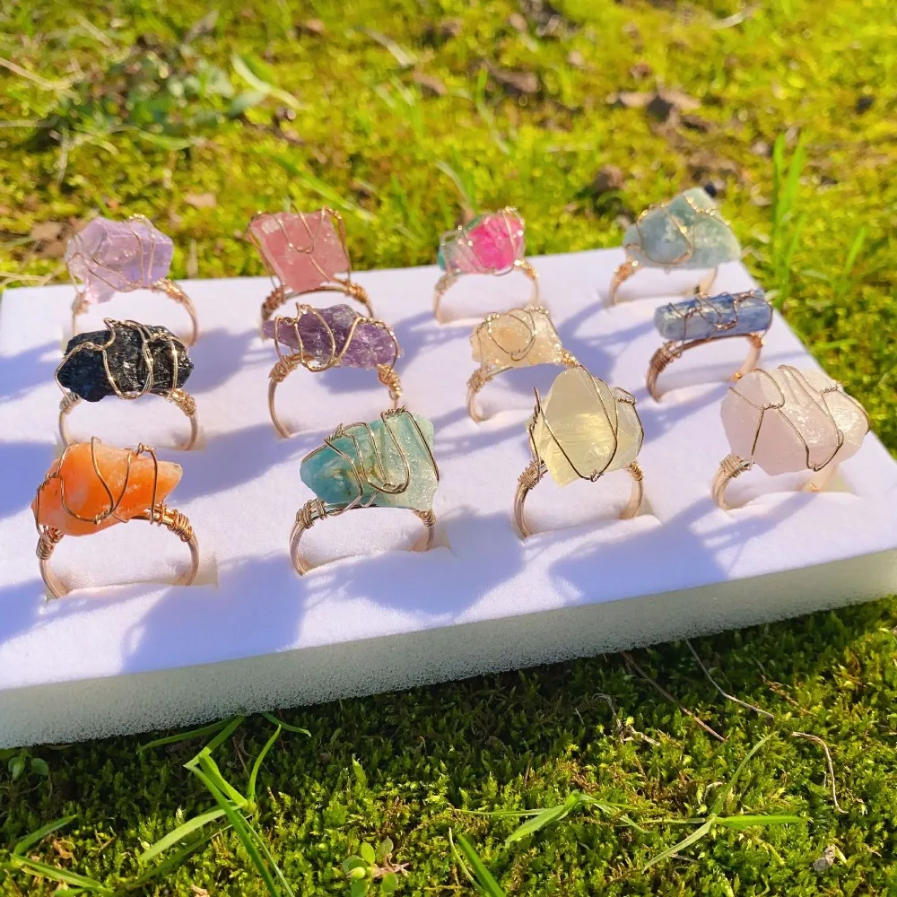 Wire Wrapped Raw Stone Open Rings, Healing Crystal Adjustable Rings for Women Men