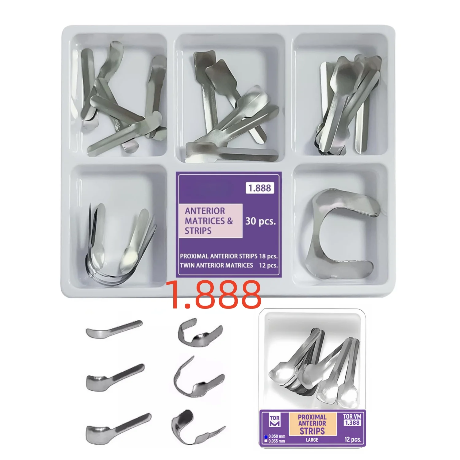Dental Proximal Anterior Strips with Twin Anterior Matrices 1.888, Matrix Bands Sectional Contoured for Front Teeth Restorations