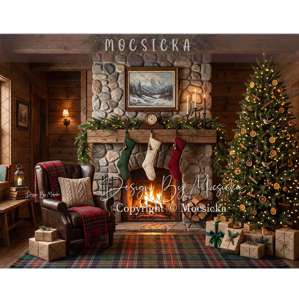 Mocsicka Christmas Stone Fireplace Backdrop Photography Garland Stocking Lantern Xmas Tree Wreath Background Kids Studio Photo