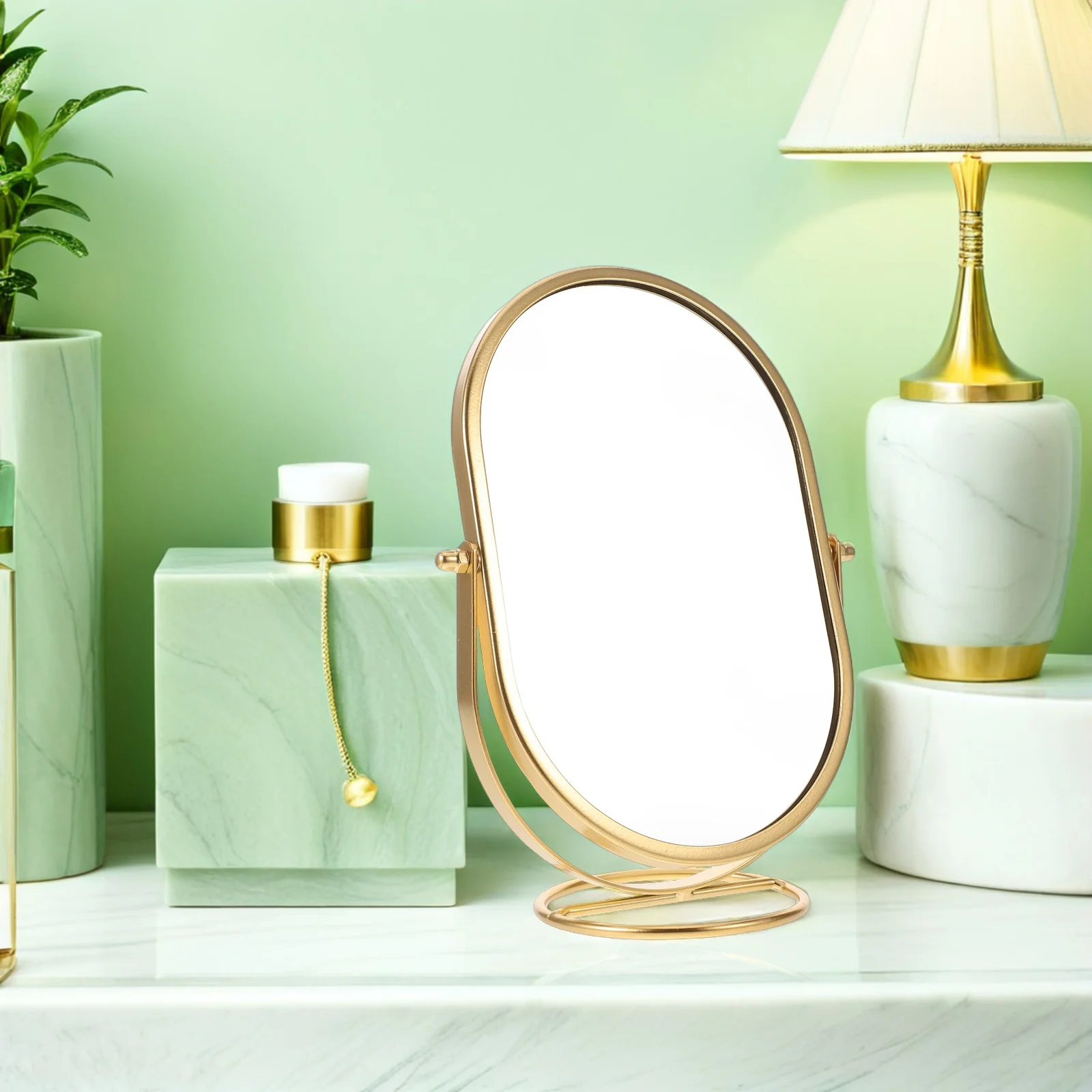 Vanity Desk Rotatable Oval Makeup Mirror Modern 360 Degree Swivel Desktop Standing Mirror Stylish Bedroom Dressing Table Decor