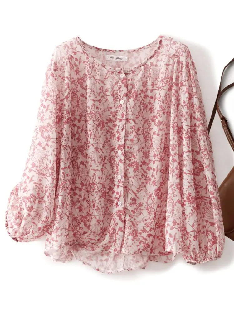 

Элегантные розовые блузки из шифона с цветочным принтом и рюшами, женские, с круглым вырезом, длинными рукавами-фонариками, свободного кроя, модная женская одежда