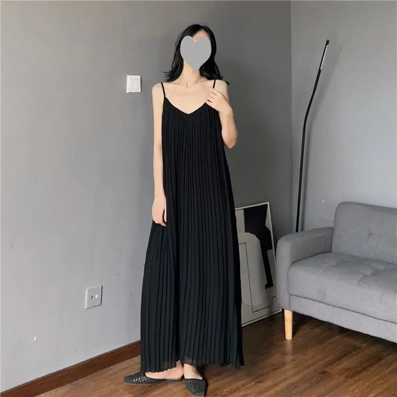 여름 플러스 사이즈 아이스 실크 플리츠 드레스 슬리밍 배 커버 롱 드레스 언더웨어 스트랩 드레스 출퇴근 시나리오용