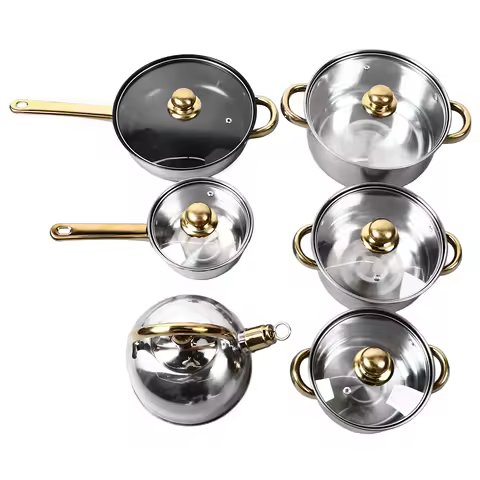 6 Sets Kitchen Pots Set Stainless Steel Golden Handle Smoothing Sturdy Durable Easy to Clean Cookware Set for Home Cooking Pots