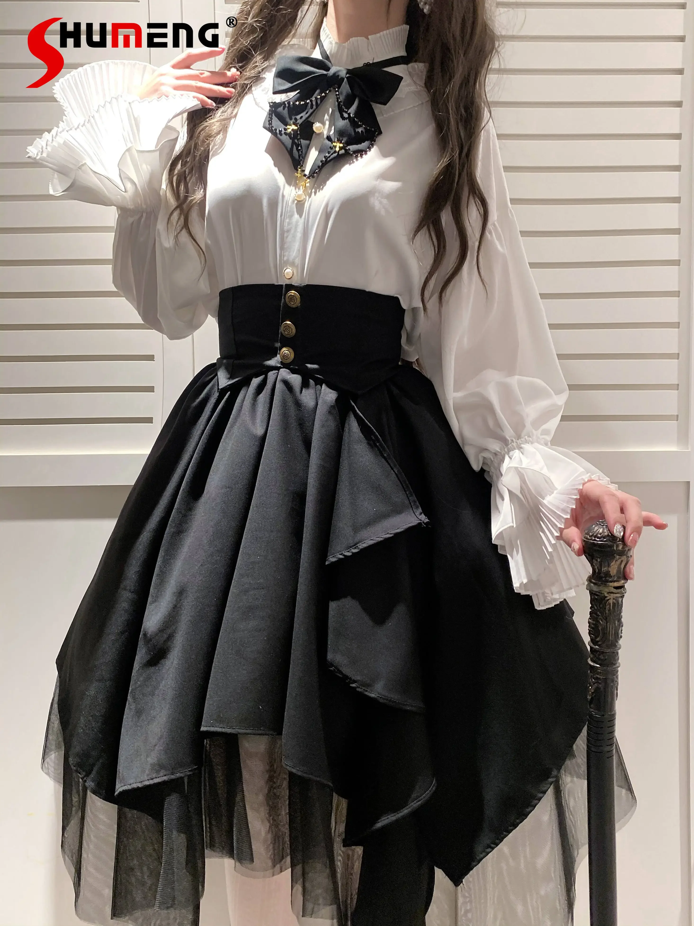 Japanese Style Cute Girl Outfits Autumn Clothing Women's Bow Tie Shirt Gothic Style Irregular Mesh SK Black Mid-Length Skirts