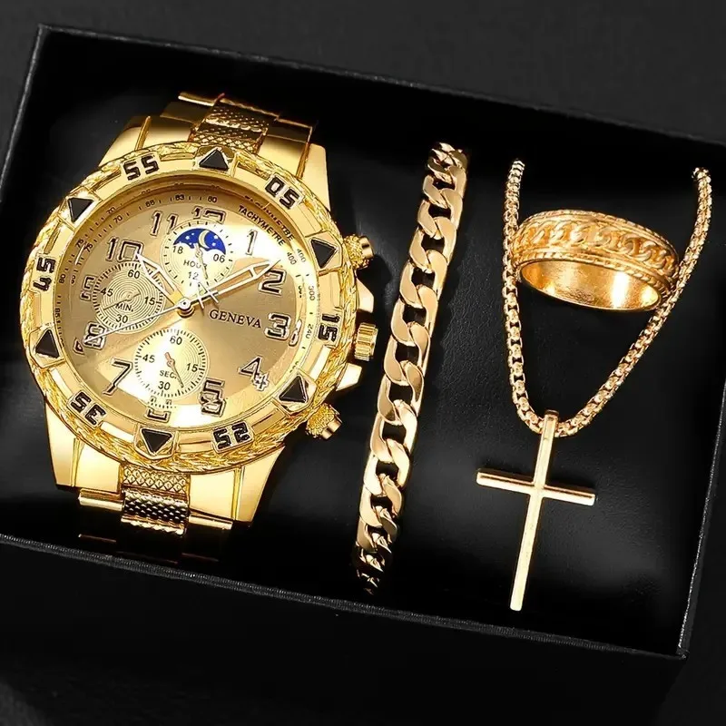 

Роскошные мужские деловые кварцевые часы, комплект из 4 предметов, золотой сплав, арабские цифры, циферблат, наручные часы, ожерелье с крестом, браслет, набор колец, мужской подарок
