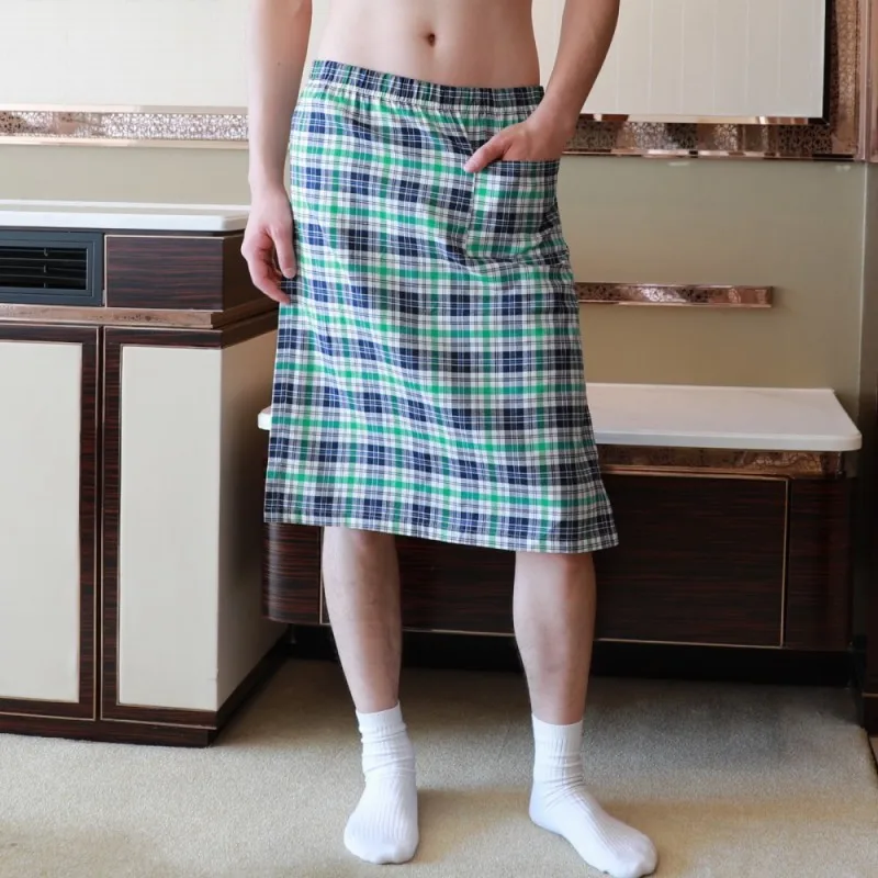 Men's Sexy Plaids Pajamas Shorts Breathable Side Split Towel Sleepwear Underwear Checks Sleeping Pants Skirt Bathrobe Nightdress