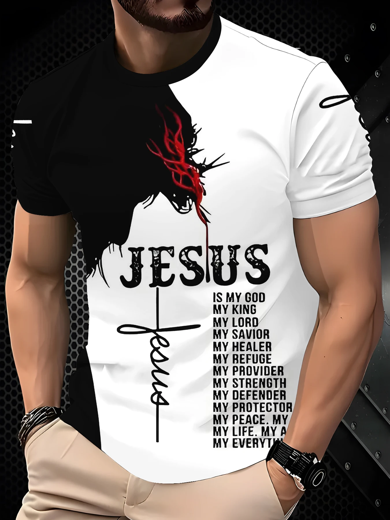 Men Black White Color Block Crew Neck Silhouette Text Art Graphic Short Sleeve T-Shirt