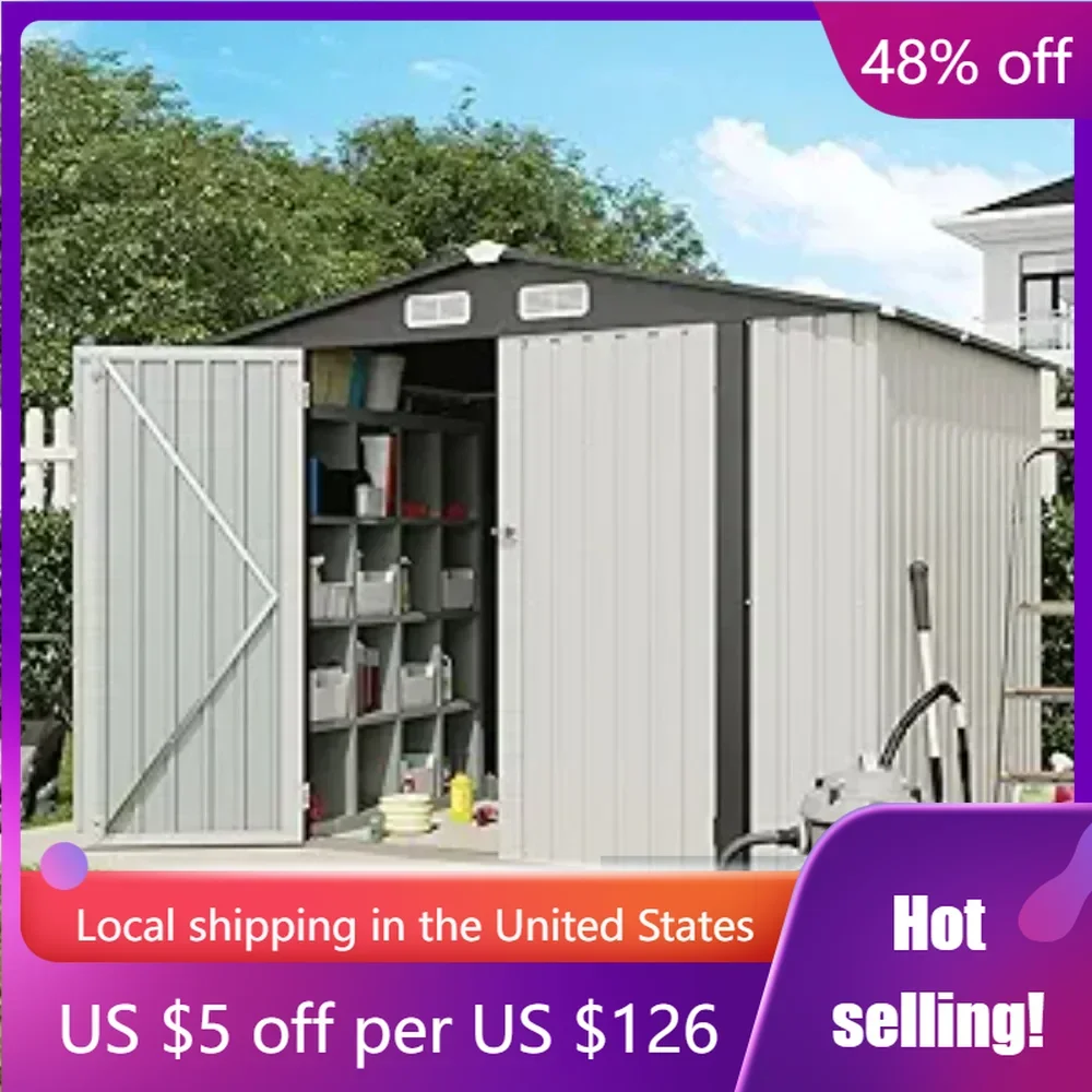 Galvanized Steel Metal Garden Shed 8x6 FT Outdoor Storage Shed Double Door W/Lock Caseta Outdoor Storage Tool House for Backyard