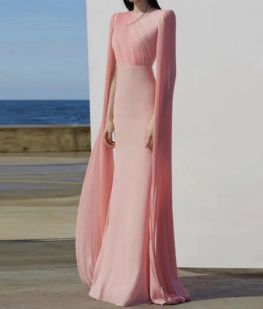 Vestido de noche de sirena de Jersey elegante personalizado, mangas largas de alta calidad, cuello redondo, largo hasta el suelo, vestidos de celebridades, tamaño personalizado