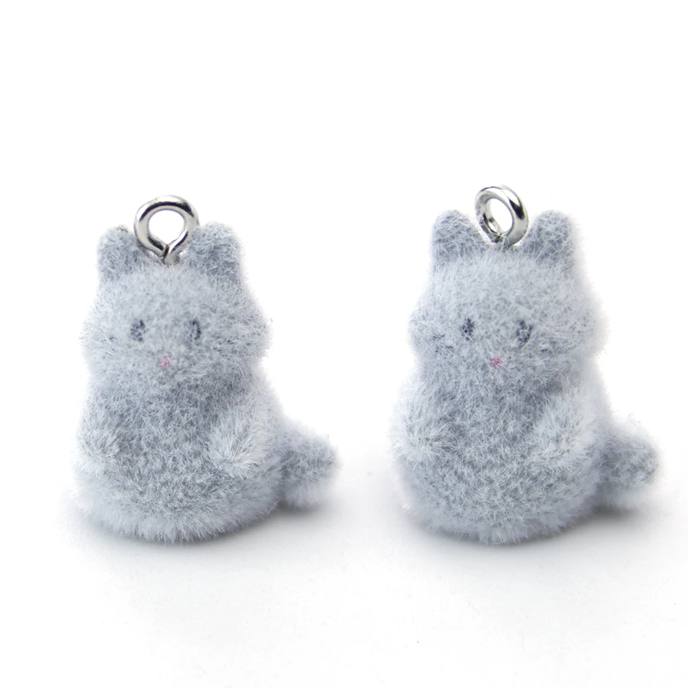 30PCS 3D Resin Flocking Gray Cat Charms Plush Dolls Pendants  for Necklace Earrings Making DIY Jewelry Accessories Wholesale