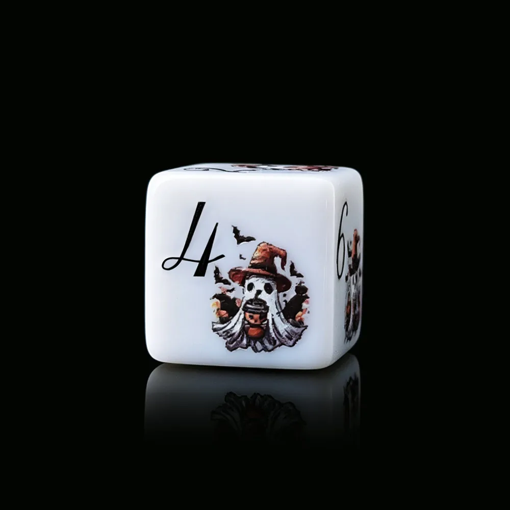 12Pcs 16MM D6 Printed Acrylic Halloween Witch Hat Ghost DND Dice 1-6 Sided Tabletop RPG Desktop Ornament Holiday Party Dice view 3
