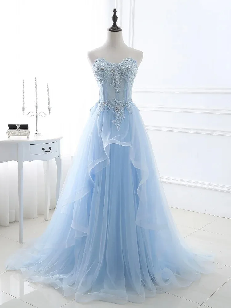 

Light Blue Prom Dresses Long Sexy Sweetheart A-Line Tulle Lace Applique Beaded Crystal Women Formal Party Gown