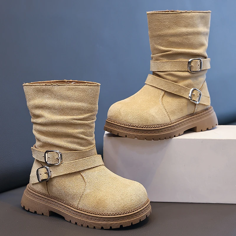 Fashion Suede PU Leather Pile Boots Autumn Winter New Girls Retro Velvet Boy Ankle Warm Footwear Flats Size 26-35