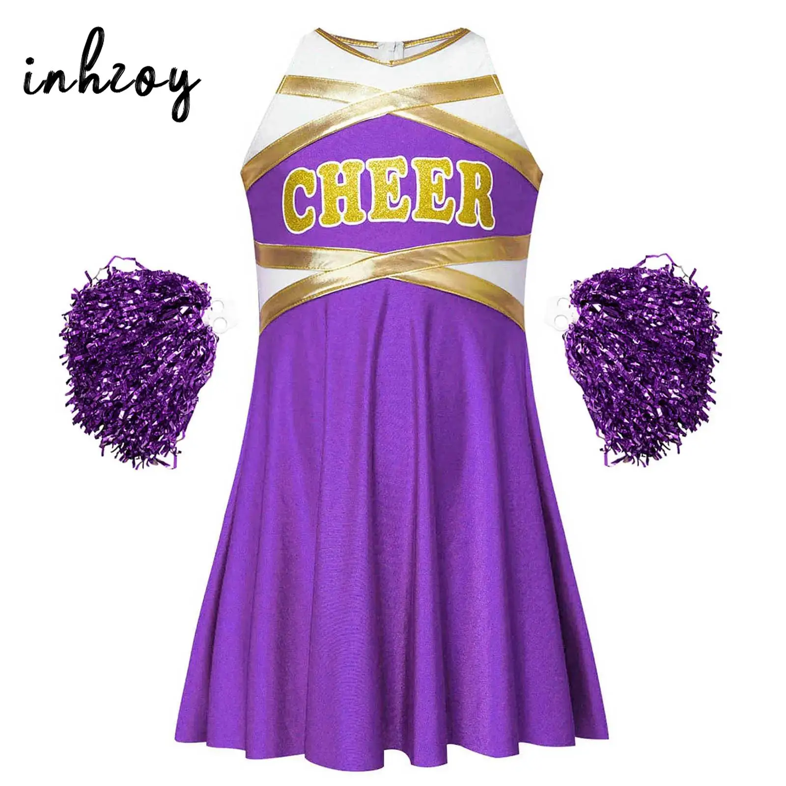 Girls Cheerleader Dance Performance Costume Cheerleading Uniform Dress Sleeveless V-neck Letter Print Metallic Patchwork Dresses