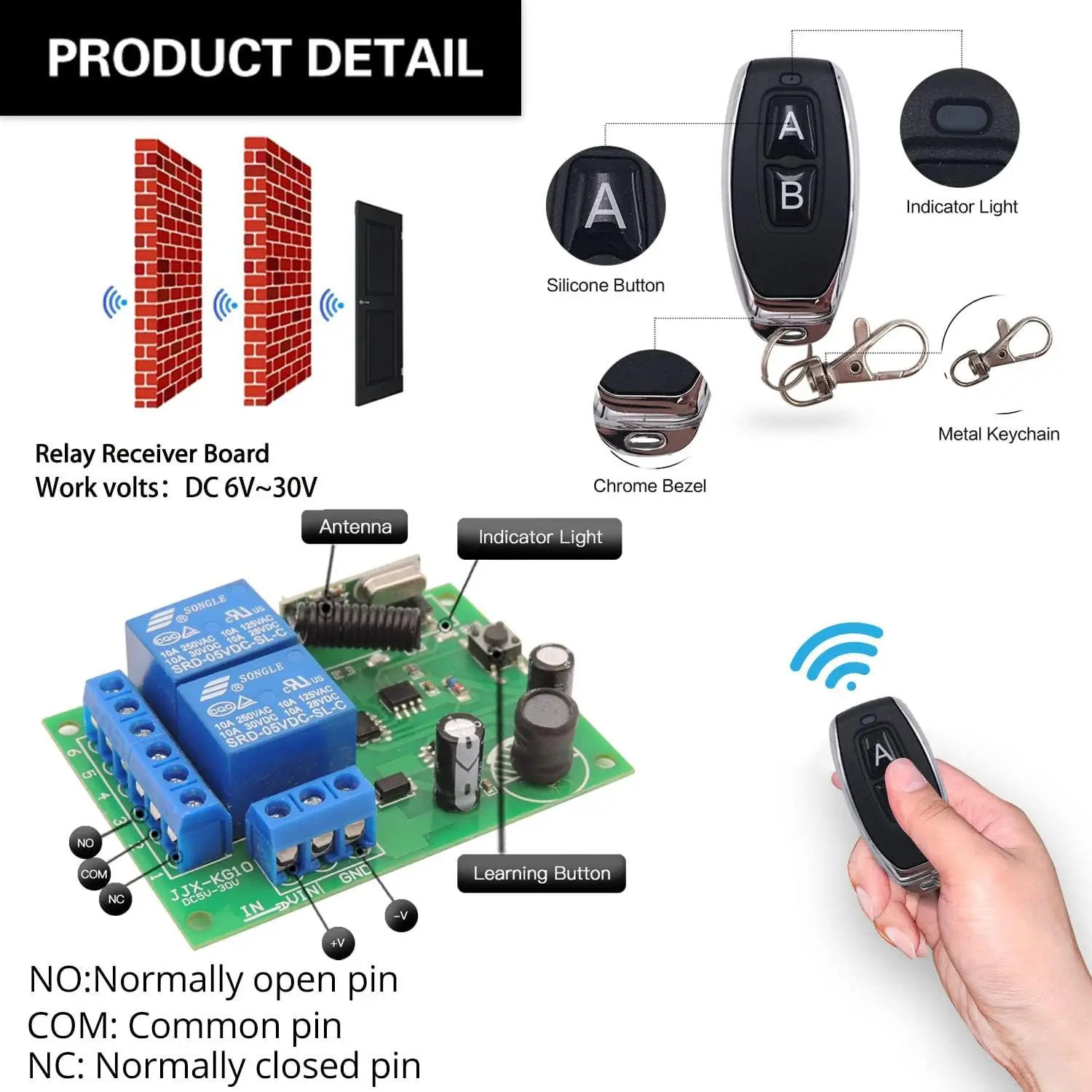 Universal 433MhzRF Wireless Remote Control Switch Relay DC12V 10A Mini Receiver Module for Gate LED Garage Door image 5