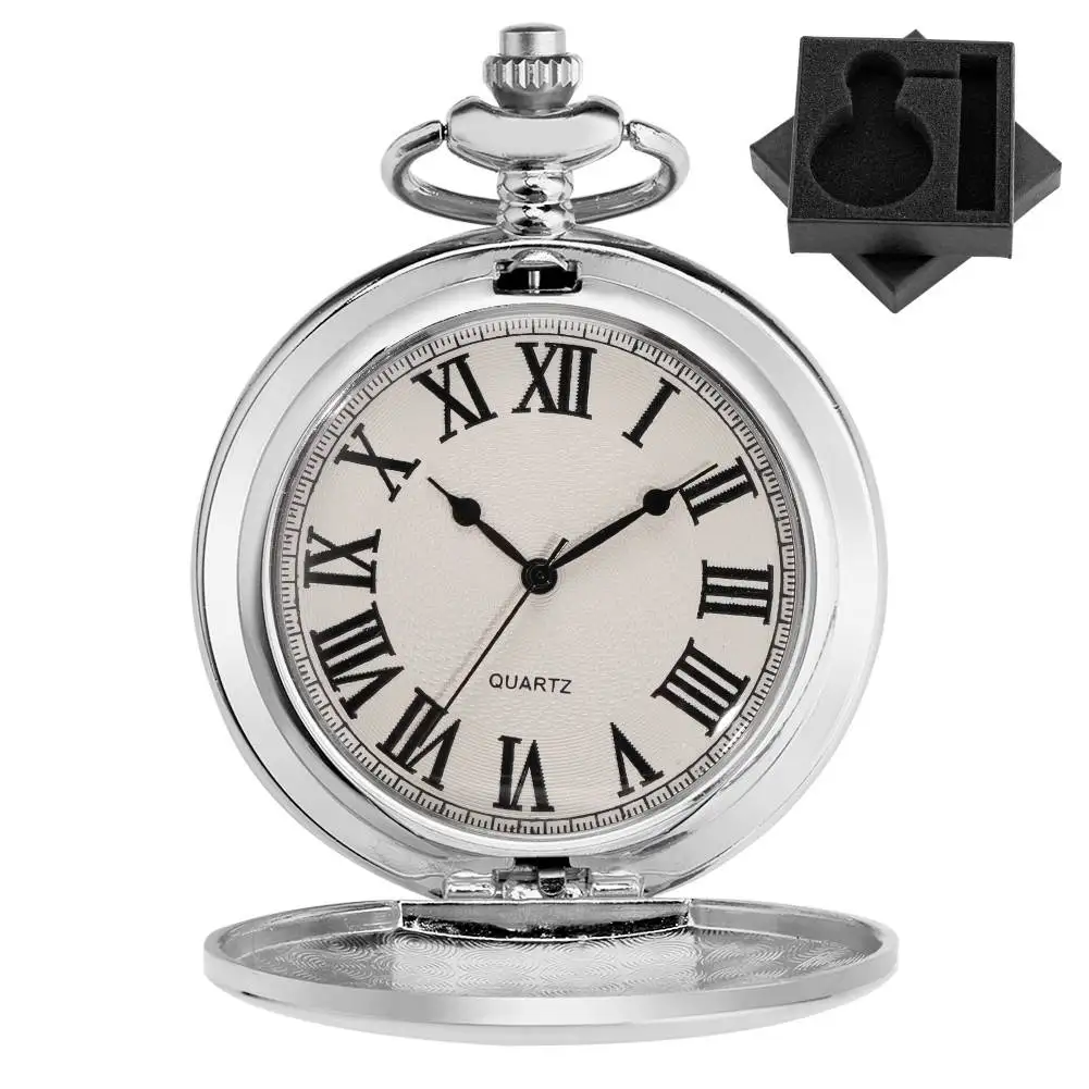 Retro Roman Numerals Dial Polishing Silver Quartz Pocket Watch with Pocket Chain Antique Fashion Wedding Pendant Gifts for Men
