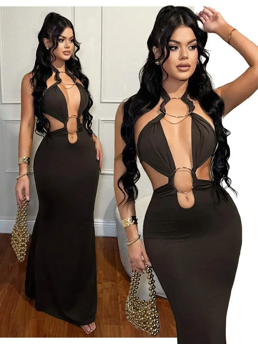 

Sexy Hollow Out Coffee Brown Long Dress For Women Party Club Night Outfit