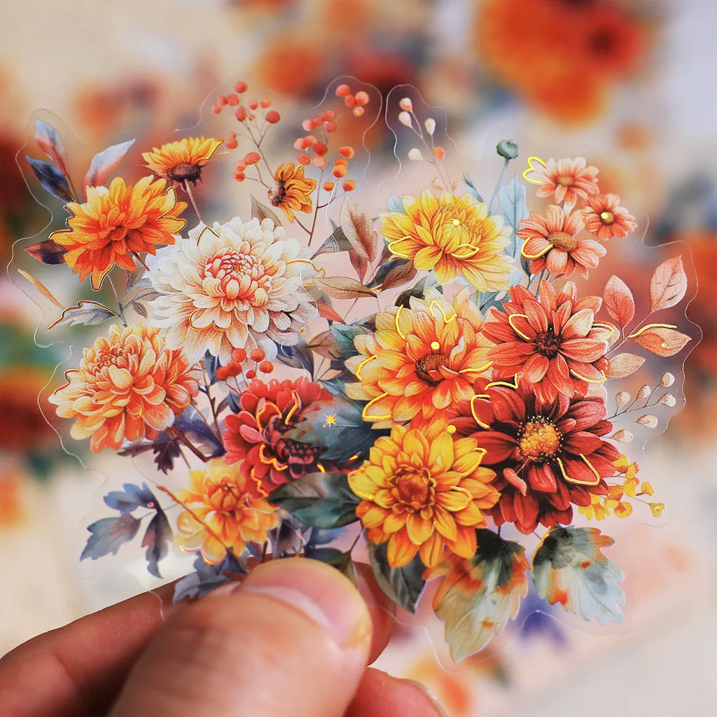 20pcs PET Flower Stickers Creativity Transparent Adhesive Diy Sticker Hand Made Decorative Scrapbook Junk Journal Supplies