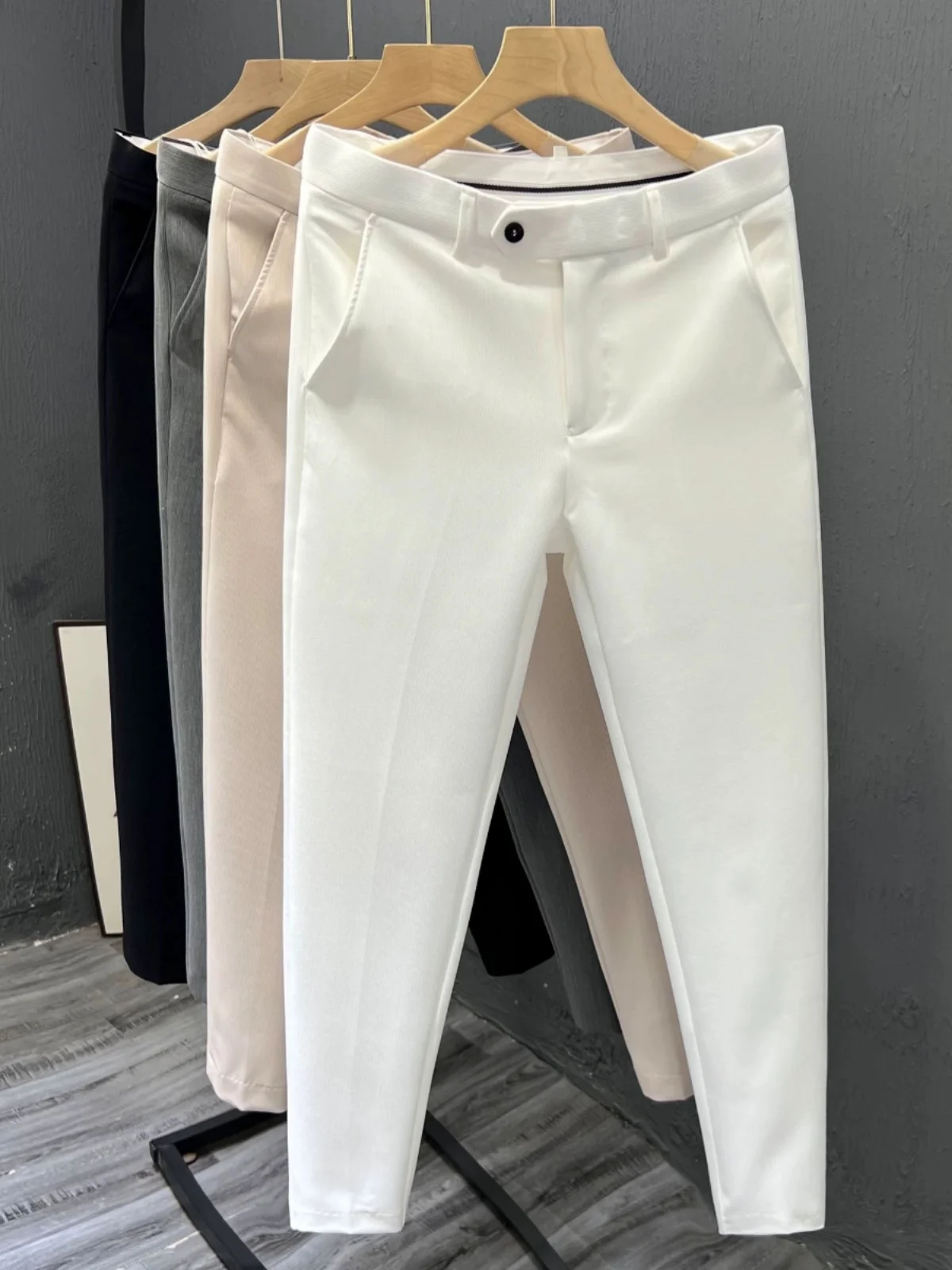 스타일리시한 단색 콘 9 남성 캐주얼 브리티시 여름 바지 다림질 필요 없는 슬림핏 캐주얼 바지 비즈니스 신사 스타일