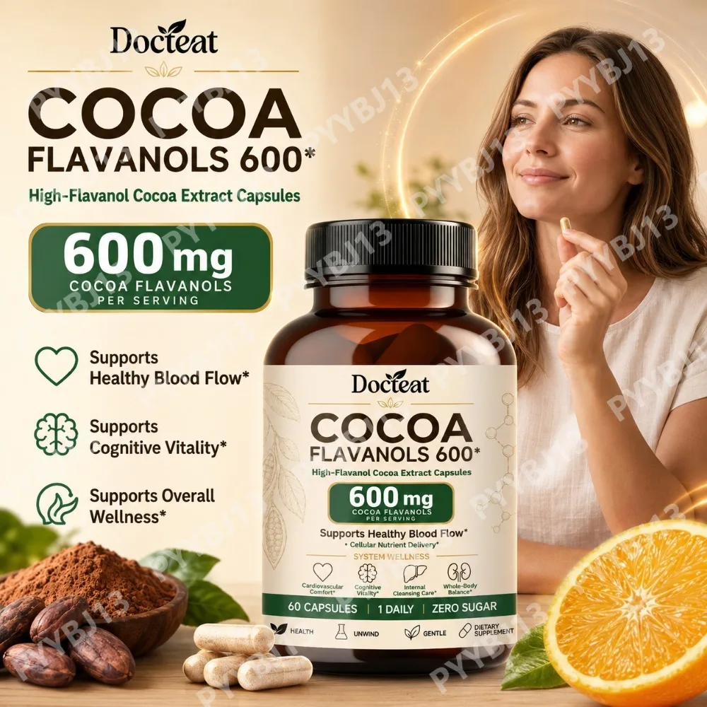 Docteat Cocoa Flavanols Capsules 600mg with Vitamin C, L-Theanine & Alpha Lipoic Acid for Daily Wellness Support, 60 Capsules