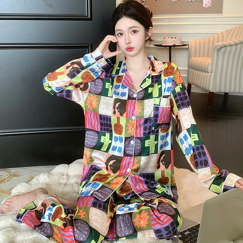 Women Pajamas Set Literary Cartoon Cute Casual Lazy Retro Trend Harajuku Homewear 2024 Autumn Winter New Long Sleeved+pant 2pc